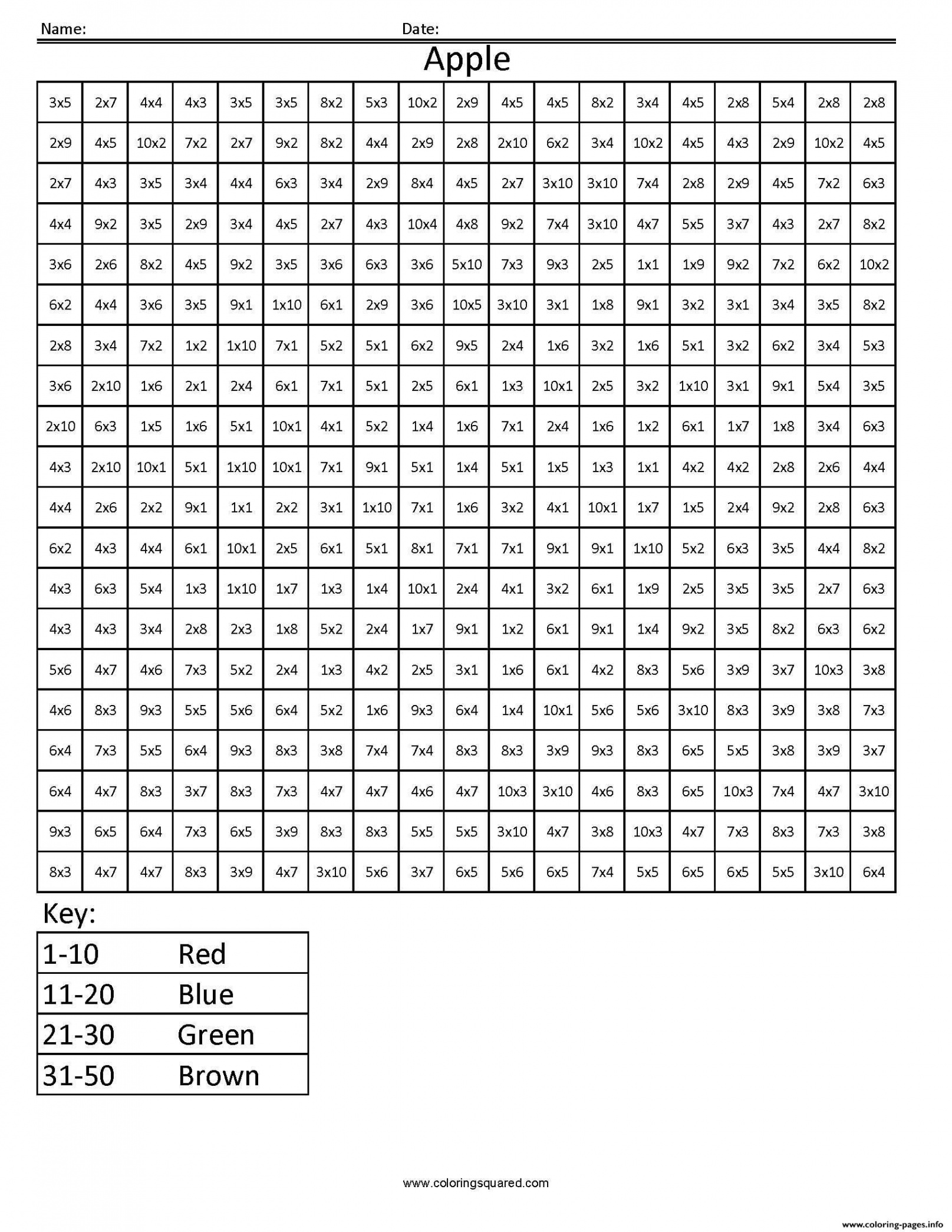 Apple Color By Number Multiplication Pixel Art coloring pages