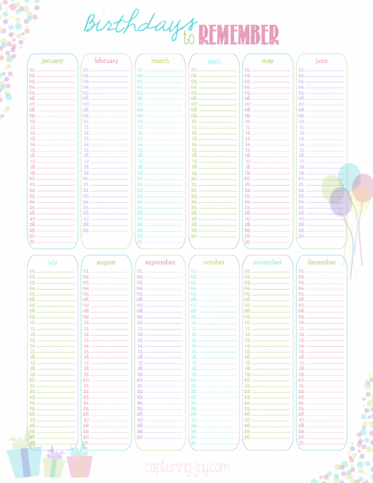 Birthdays to Remember~Yearly Calendar free printable  Birthday