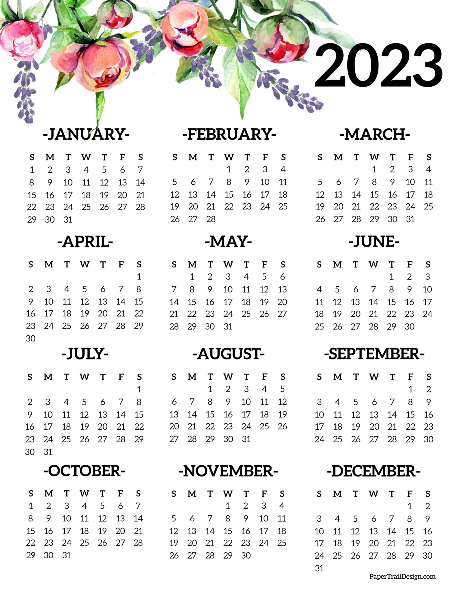 Calendar  Printable One Page - Paper Trail Design