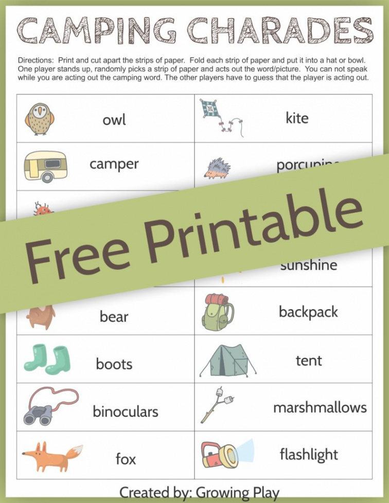 Camping Charades Game for Kids - Free Printable - Growing Play