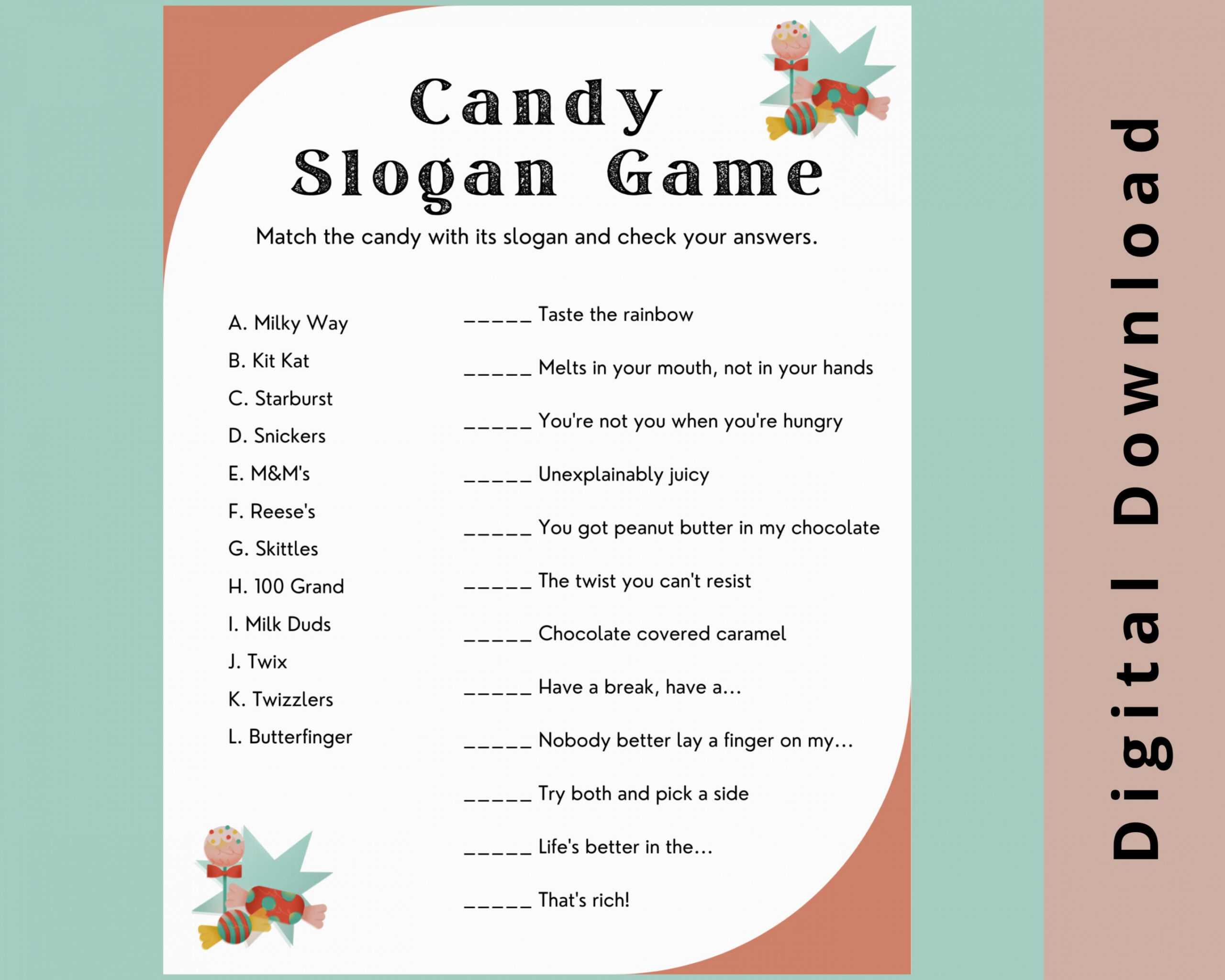 Candy Trivia Game Candy Slogan Game Popular Candy Trivia - Etsy