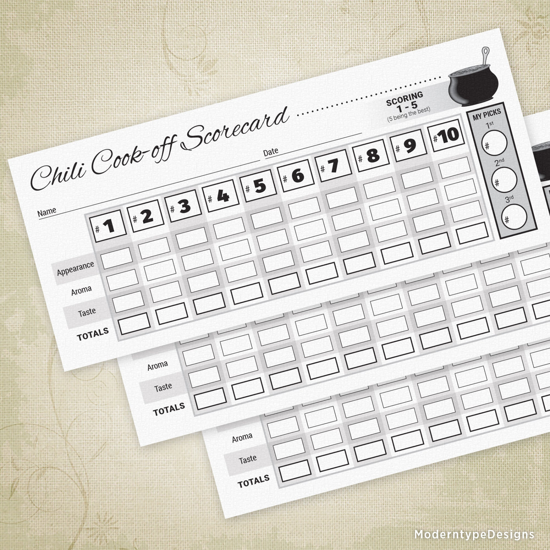 Chili Cook-off Basic Scorecard Printable,  Entries, . x