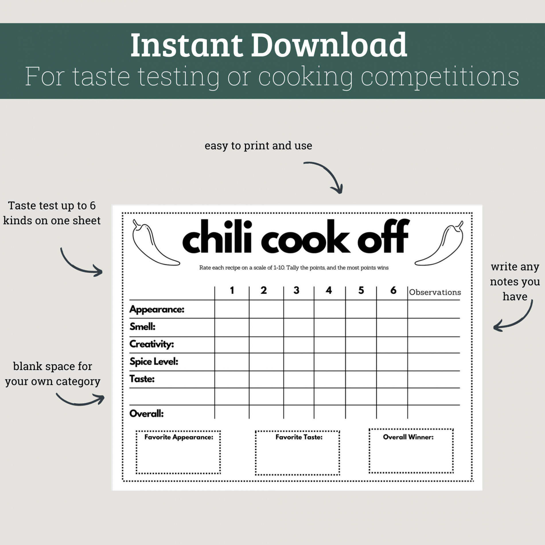 Chili Cook-off Taste Testing Scorecard Printable for Parties - Etsy