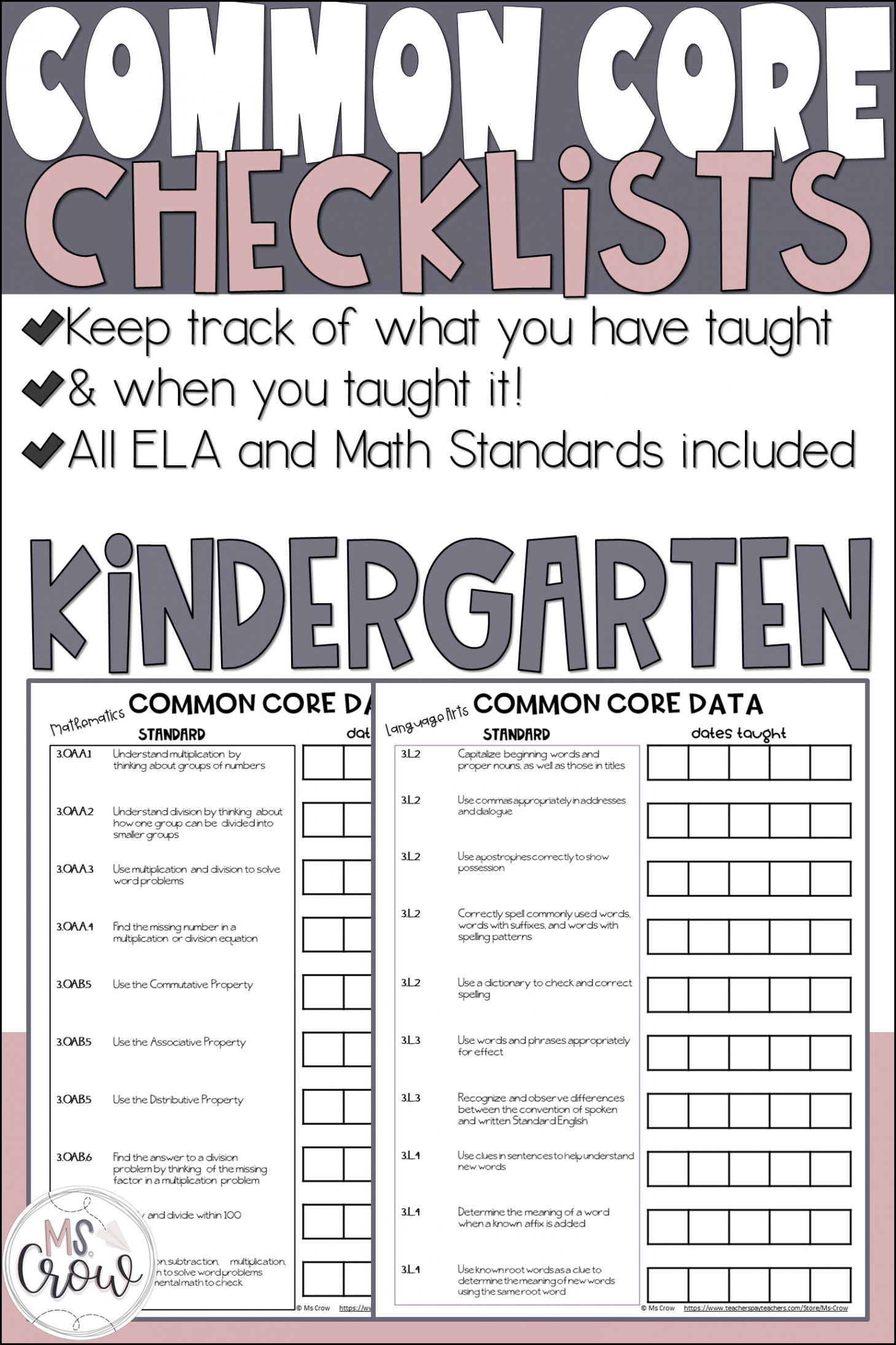 Common Core Standards Checklists Kindergarten  Common core