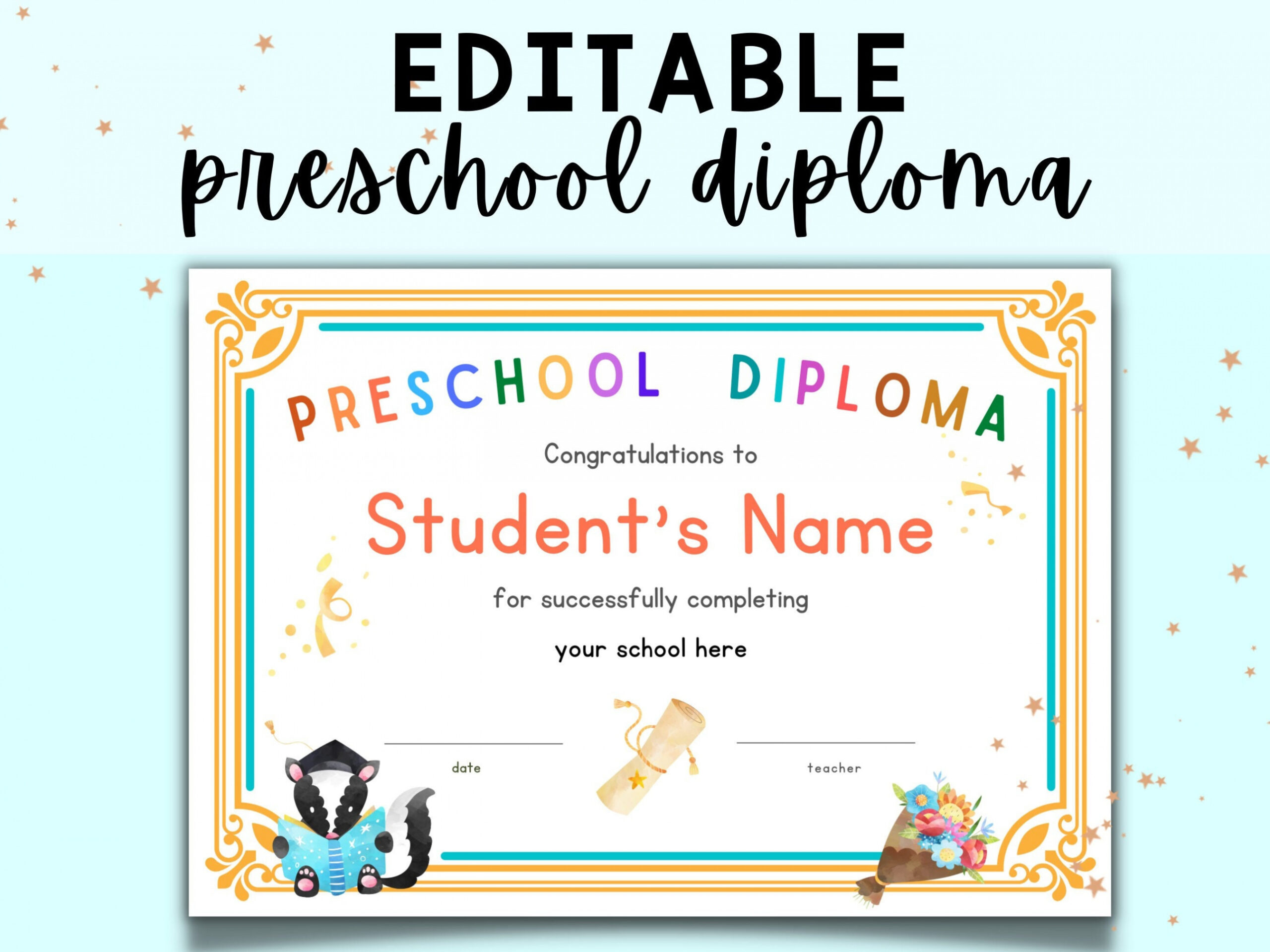 EDITABLE Preschool Diploma Certificate Template - Printable - Elementary  School Preschool Graduation