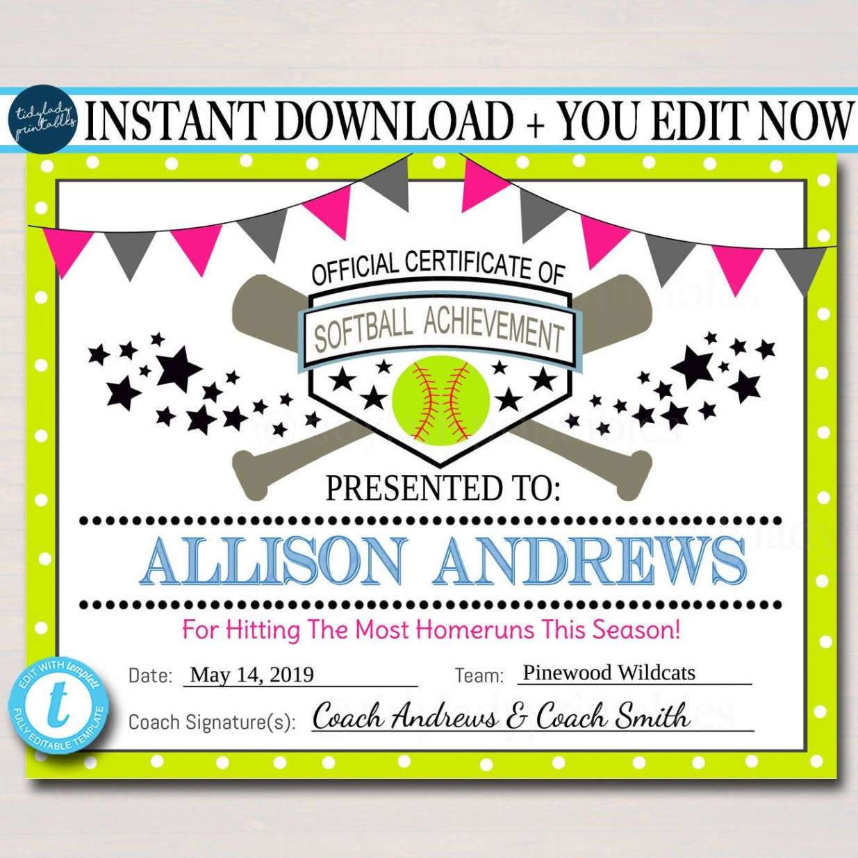 EDITABLE Softball Certificates INSTANT DOWNLOAD Softball - Etsy