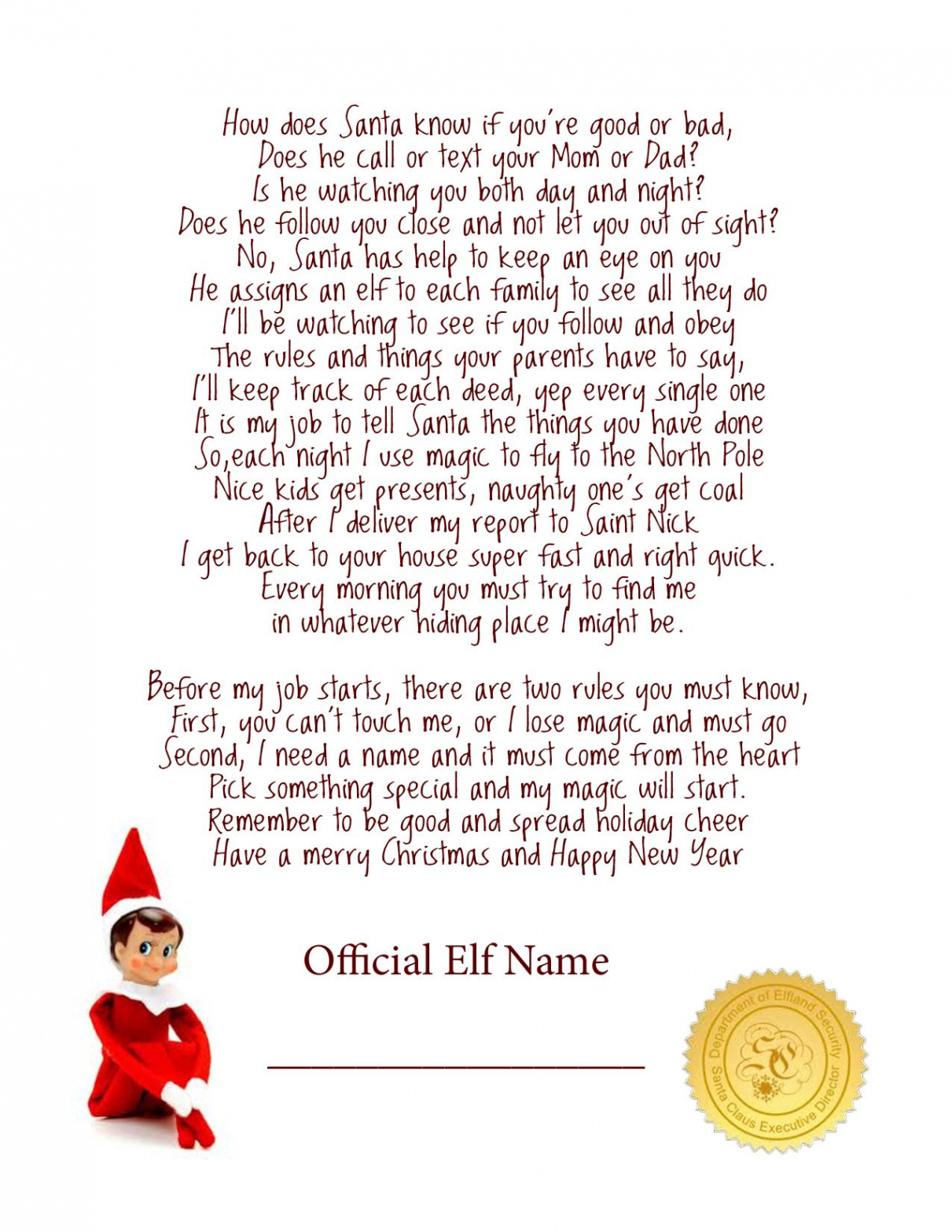 Elf on the Shelf Arrival Letter Poem – Let