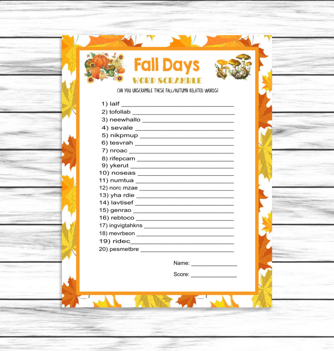 Fall Party Autumn Word Scramble Game, Printable Kids Activity