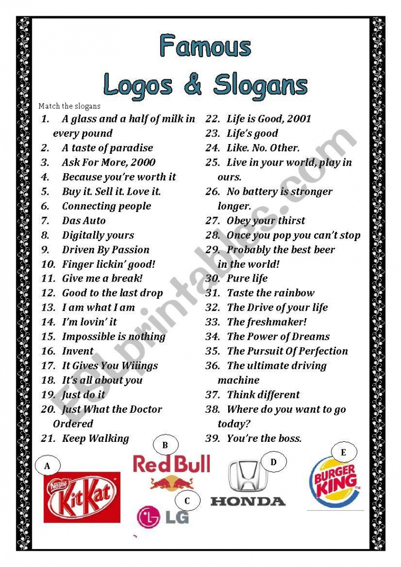 Famous logos and slogans worksheet  Slogan, Teaching inspiration