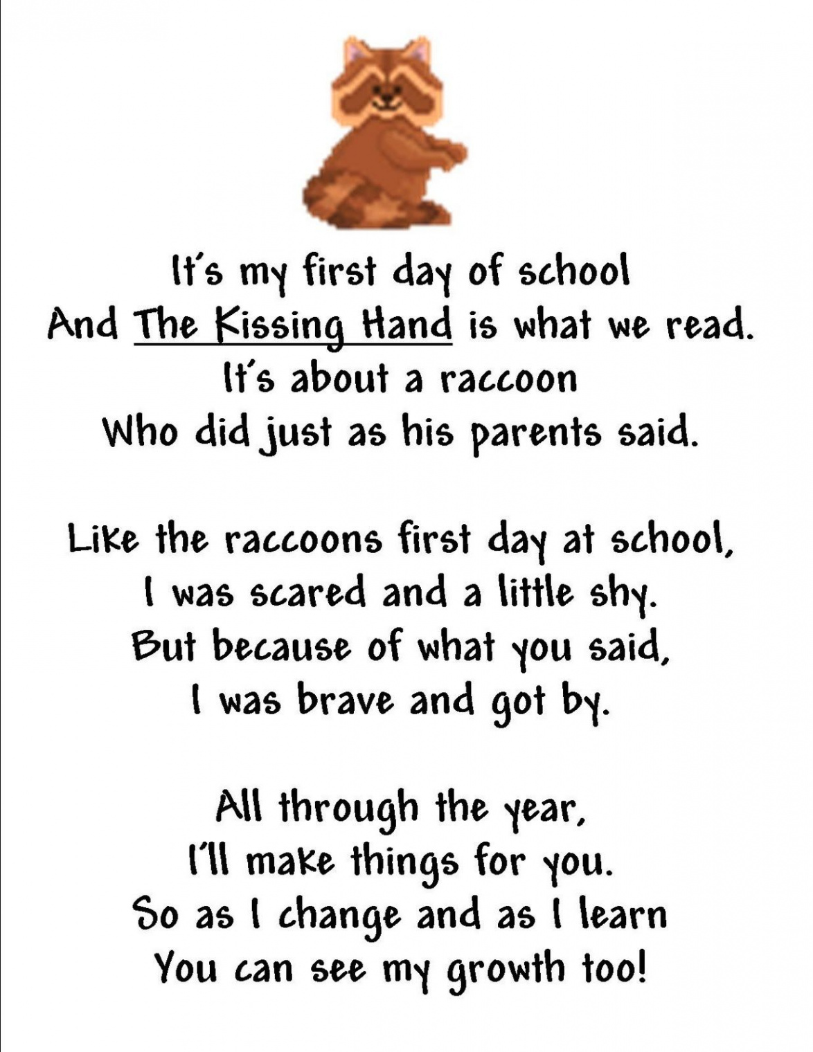 FIRST DAY OF SCHOOL POEM!  The kissing hand, Poems about school