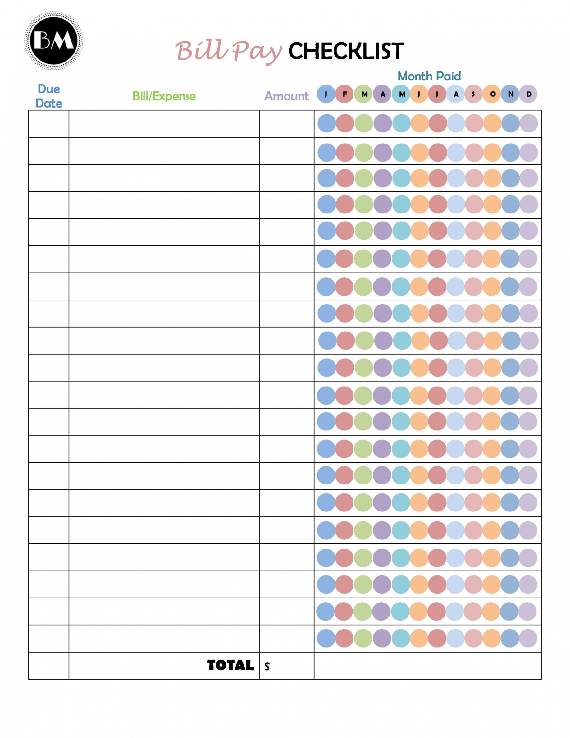 Free Bill Pay Checklists & Bill Calendars (PDF, Word & Excel