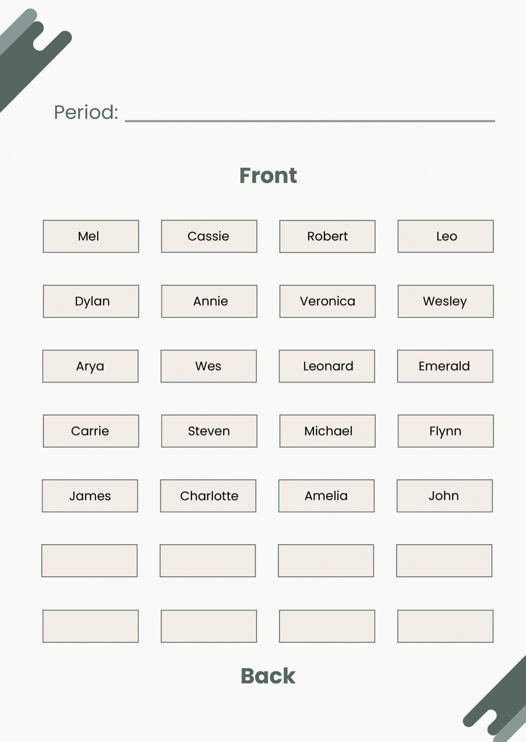 Free Generic Classroom Seating Chart - Download in PDF