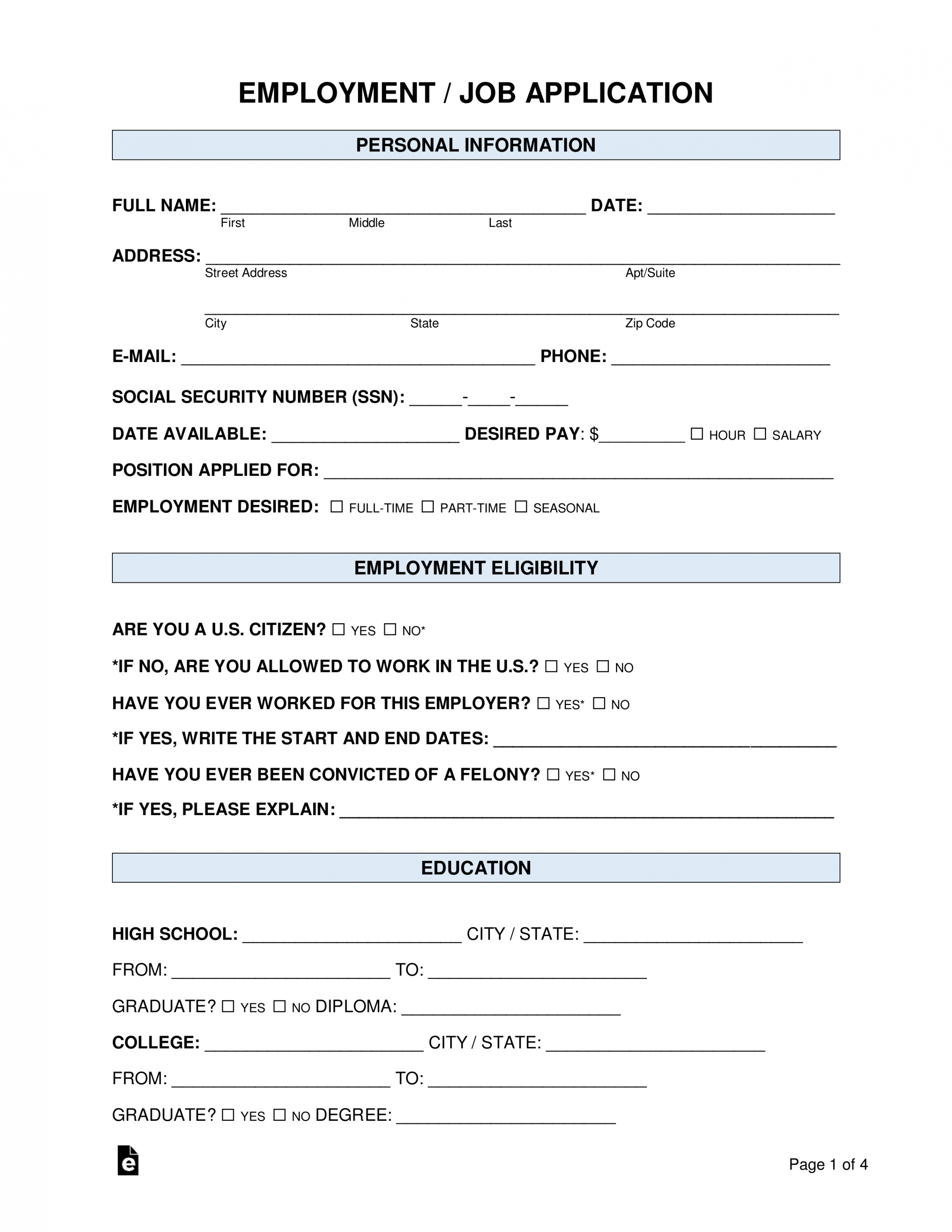 Free Job Application Form (standard template) - PDF  Word – eForms