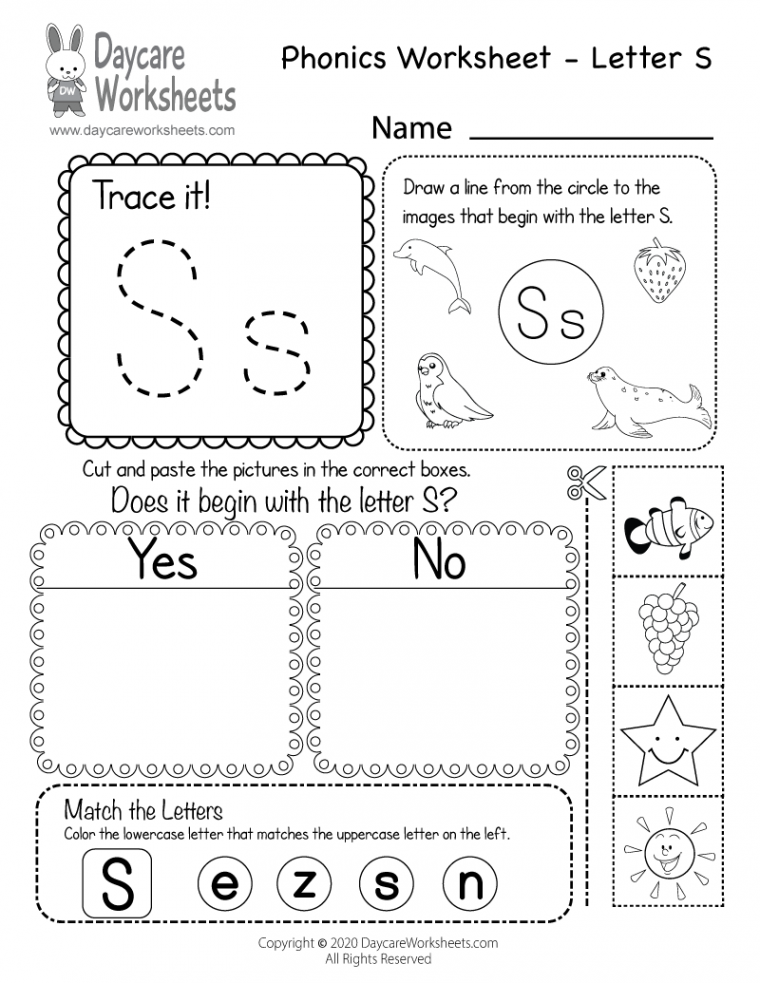 Free Letter S Phonics Worksheet for Preschool - Beginning Sounds