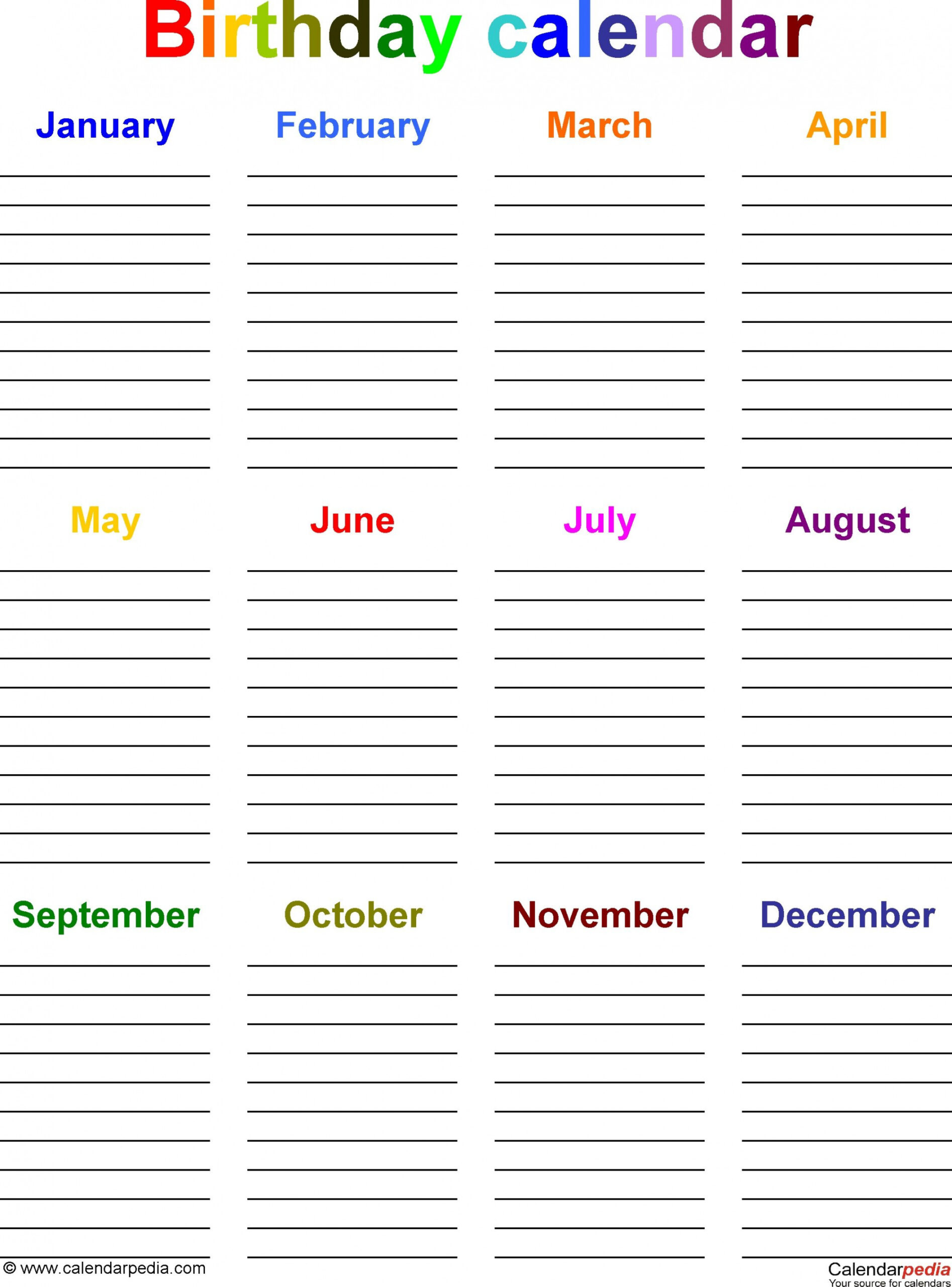 Free  Month Birthday Calendar Template  Geburtstagskalender