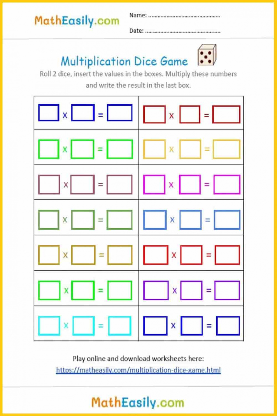 Free Multiplication Dice Games ONLINE + Printable