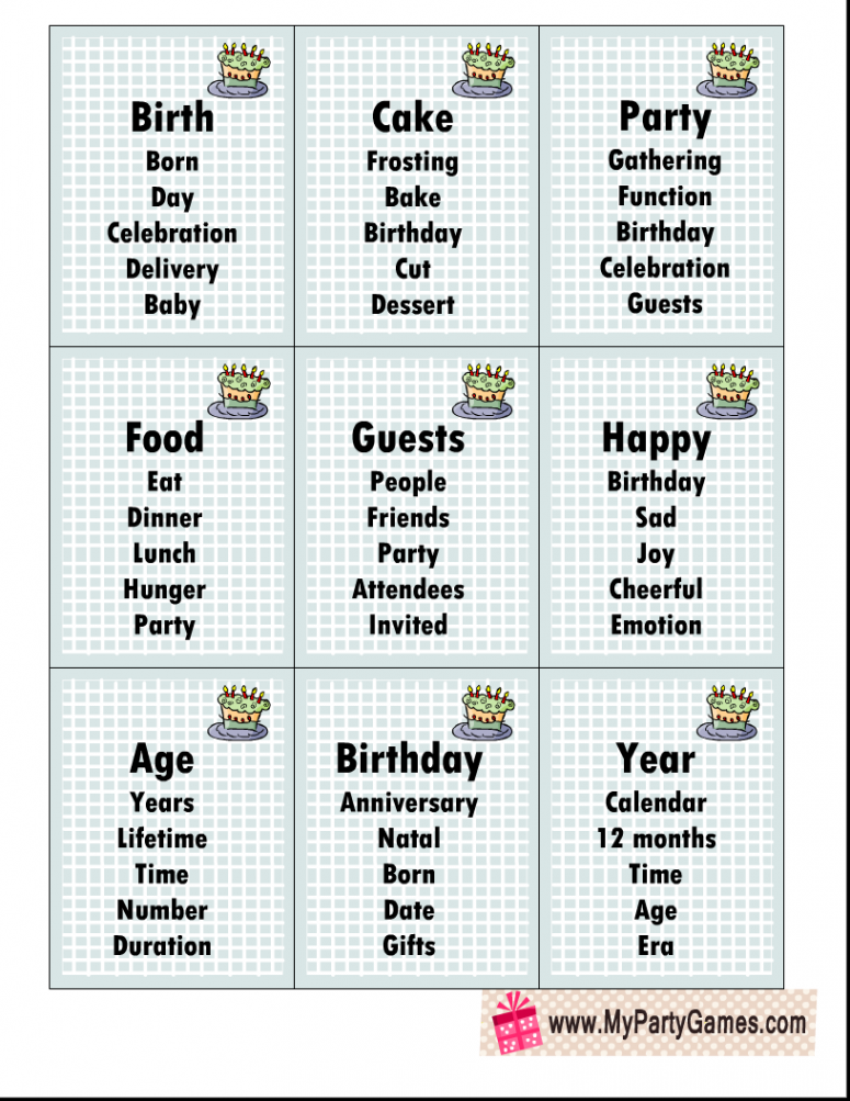 Free Printable Birthday Taboo inspired Game Cards