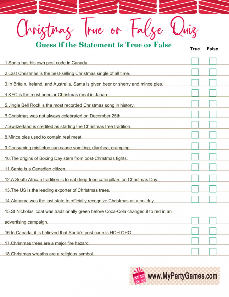 Free Printable Christmas True or False Trivia Quiz