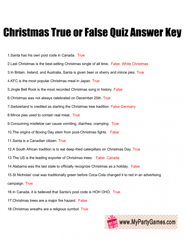 Free Printable Christmas True or False Trivia Quiz