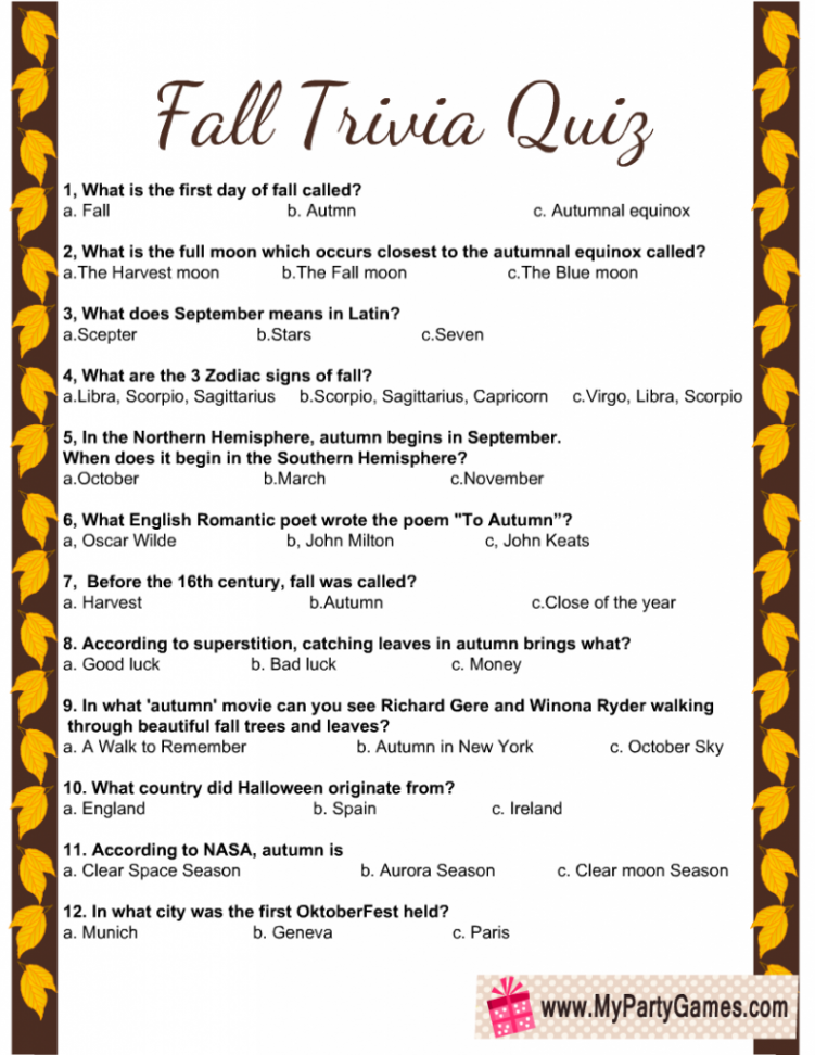 Free Printable Fall Trivia Quiz  Trivia quiz, Free trivia