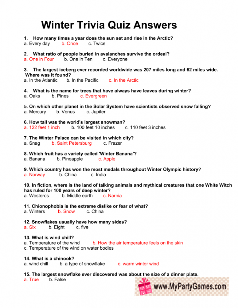 Free Printable Winter Trivia Quiz with Answers  Quiz with answers