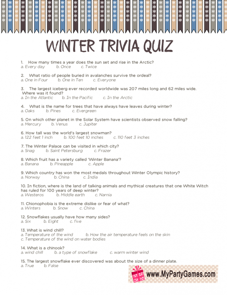 Free Printable Winter Trivia Quiz with Answers