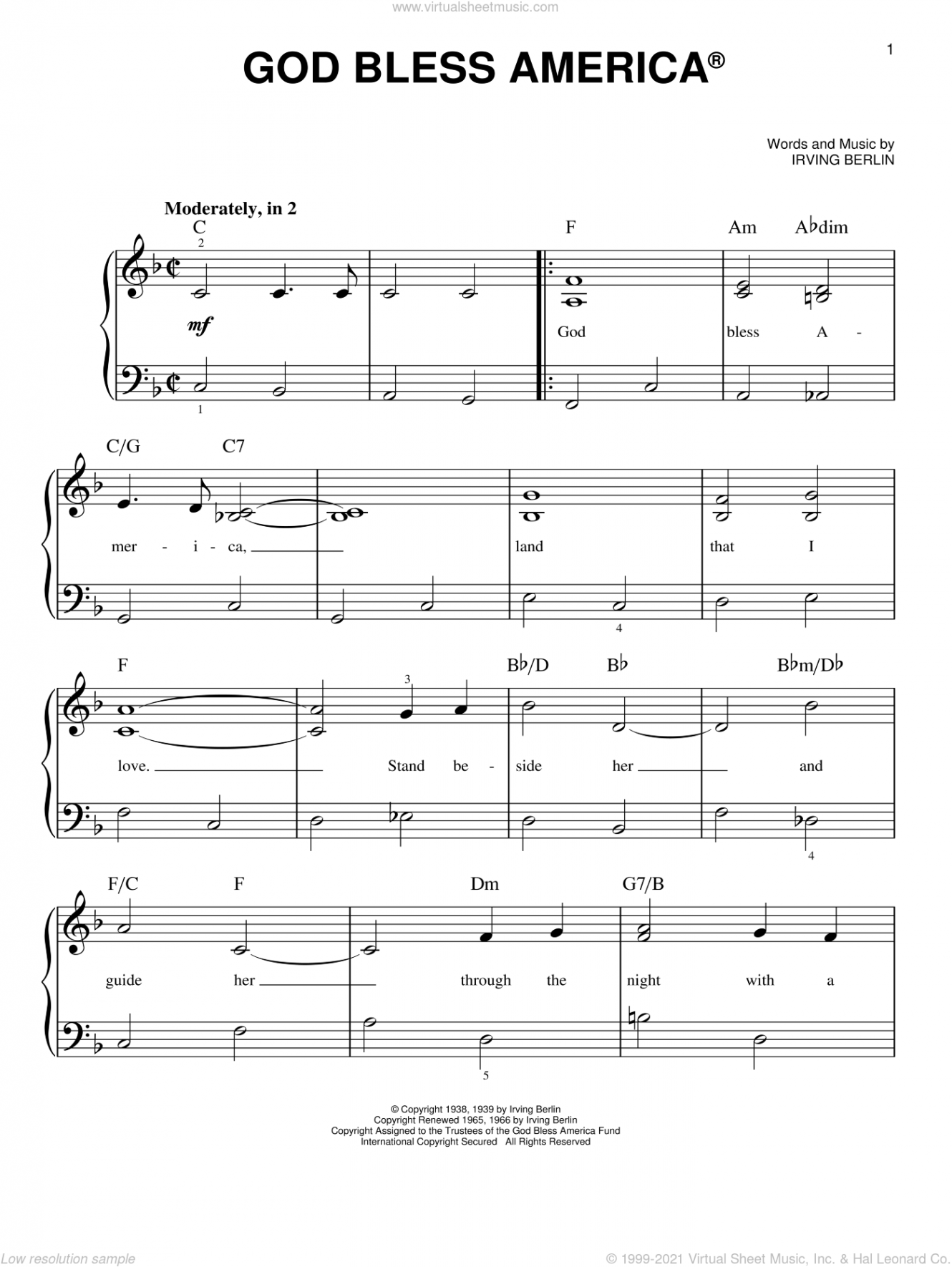 God Bless America, (beginner) sheet music for piano solo (PDF)