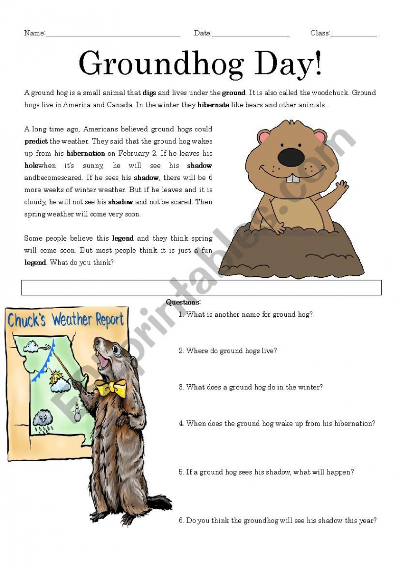 Groundhog day reading comprehension - ESL worksheet by mrsemi