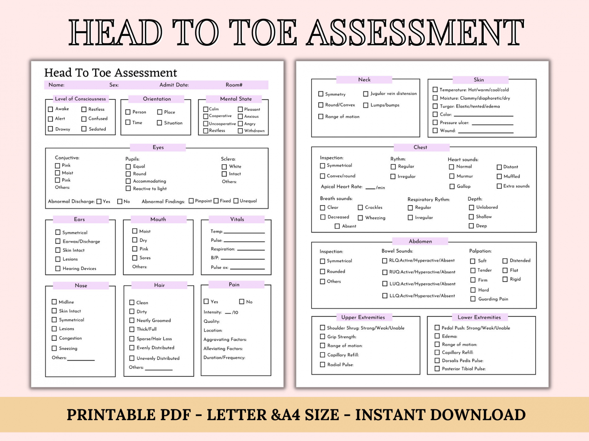 Head to Toe Assessment Template Nursing Checklist Nursing - Etsy