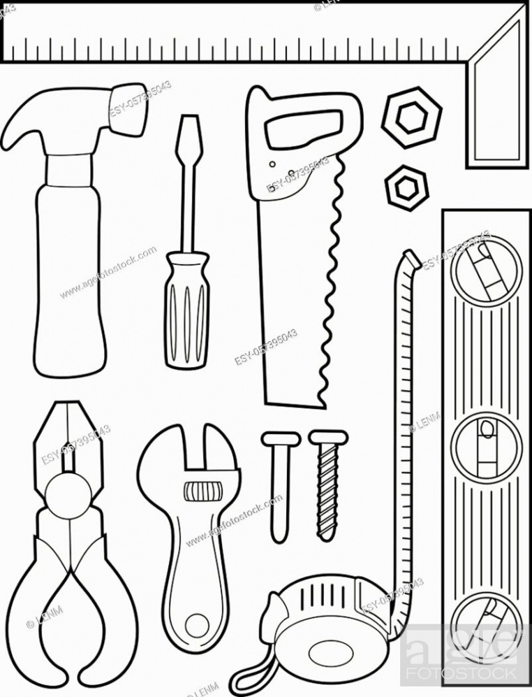 Illustration of a Coloring Page of Different Construction Tools