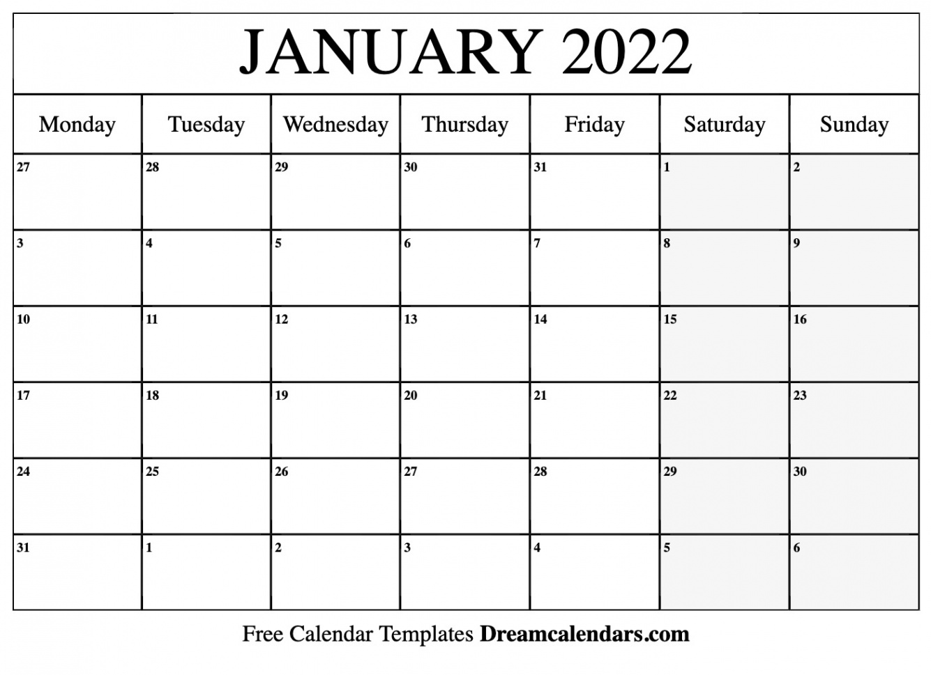 January  calendar  Free blank printable with holidays