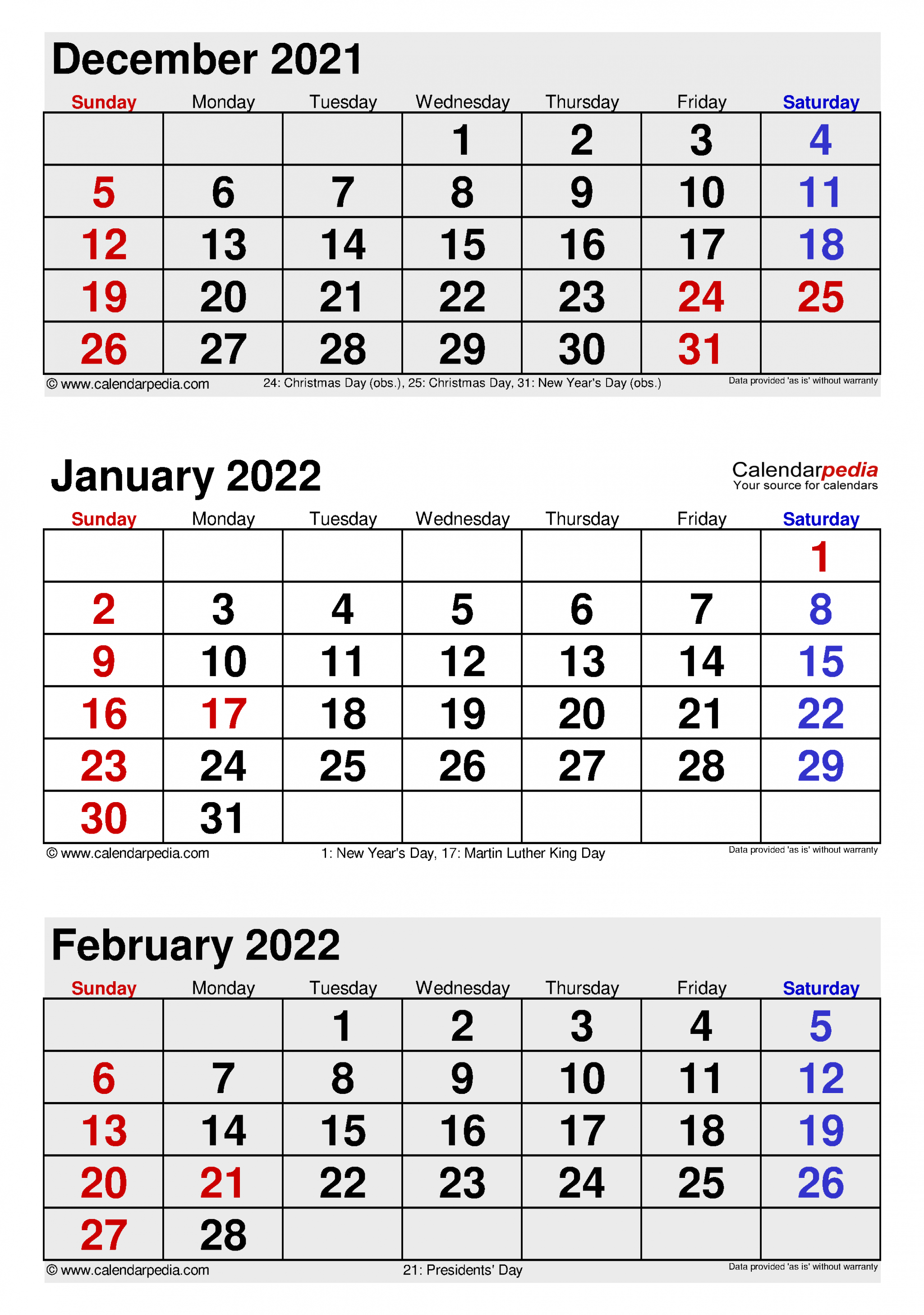 January  Calendar  Templates for Word, Excel and PDF