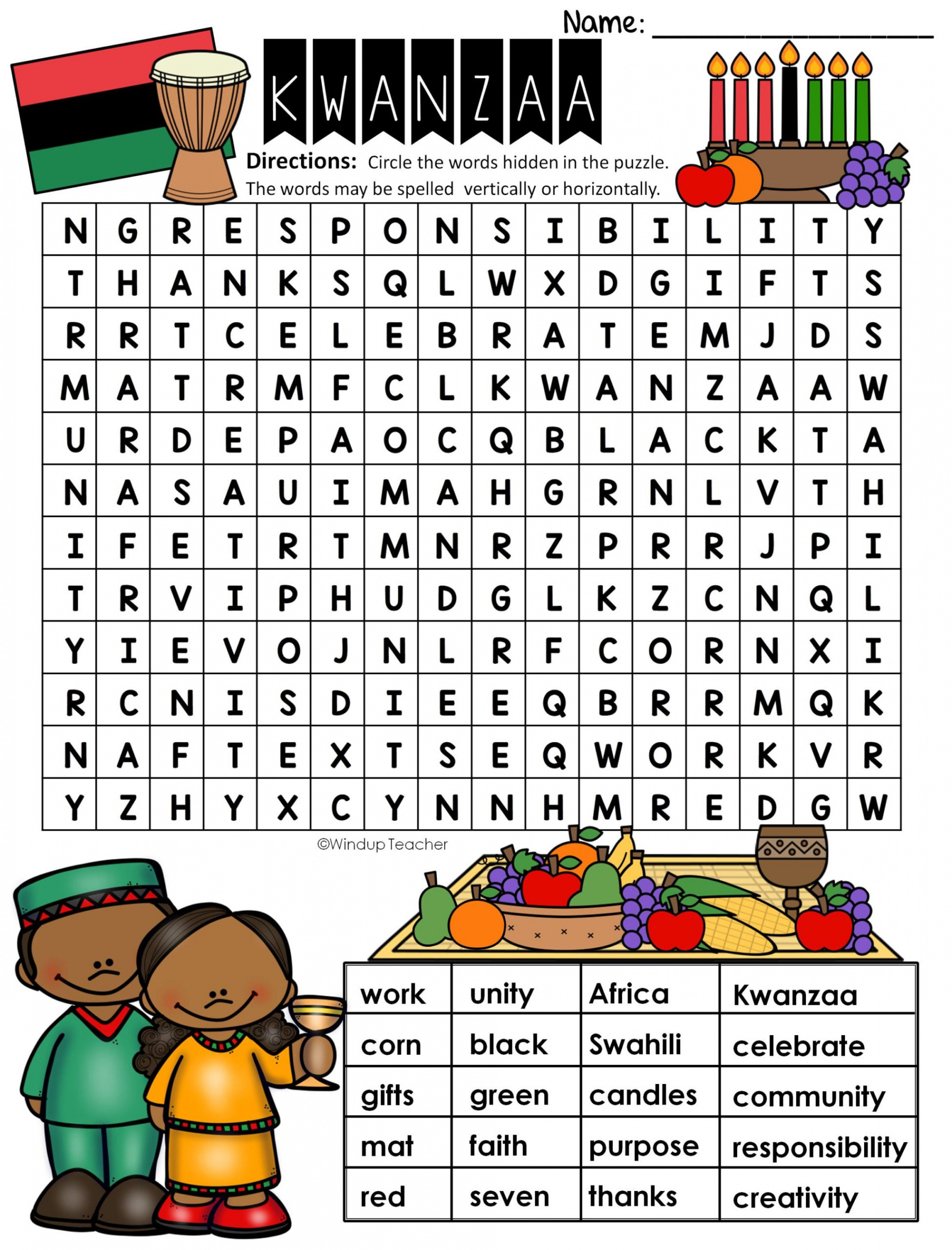 Kwanzaa Word Search  EASY Puzzle  Ready to Go!