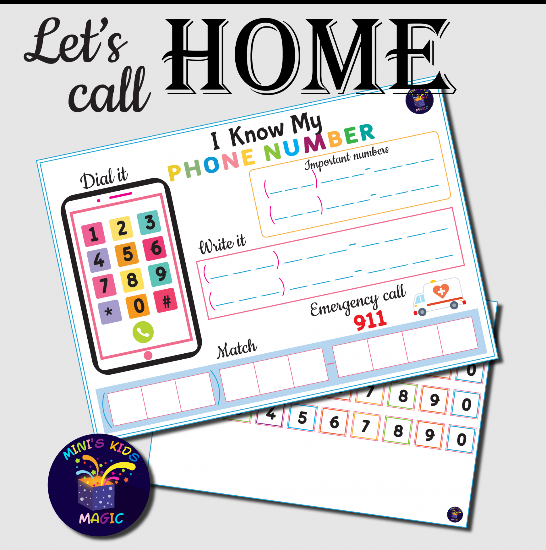 Learn the Phone Number Printable Worksheet with Numbers Set, Homeschool, Cl