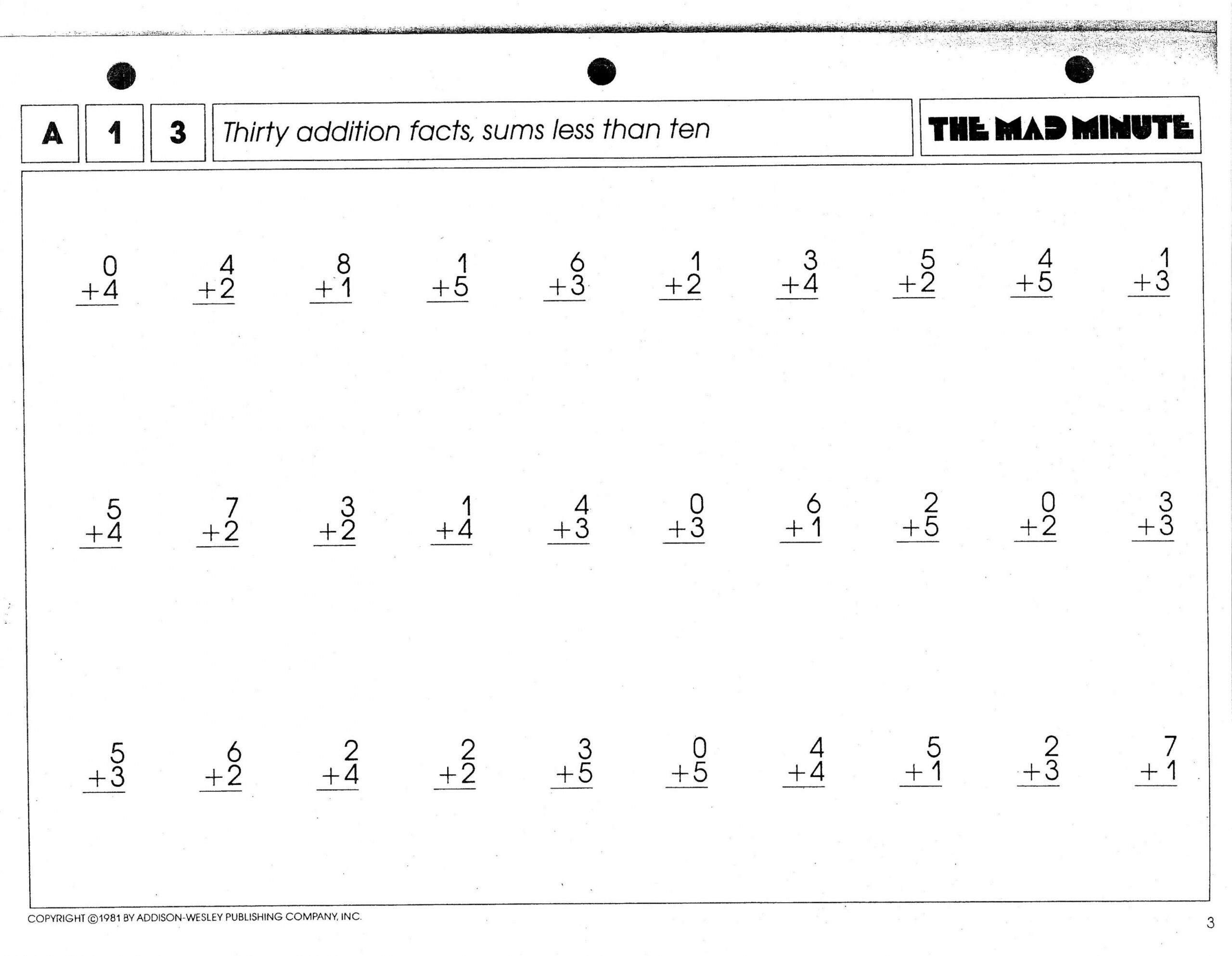 Mad Minute Addition Sheet (picture)  Math addition worksheets