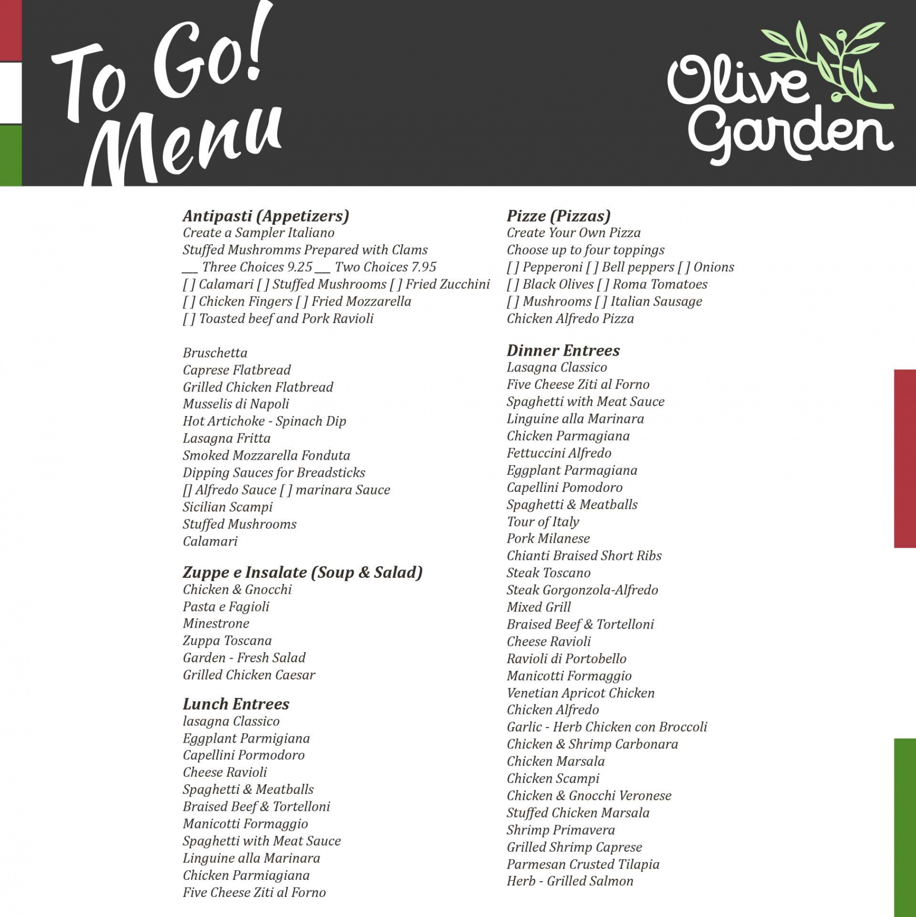 Olive Garden Printable Menu  Olive gardens menu, Printable menu