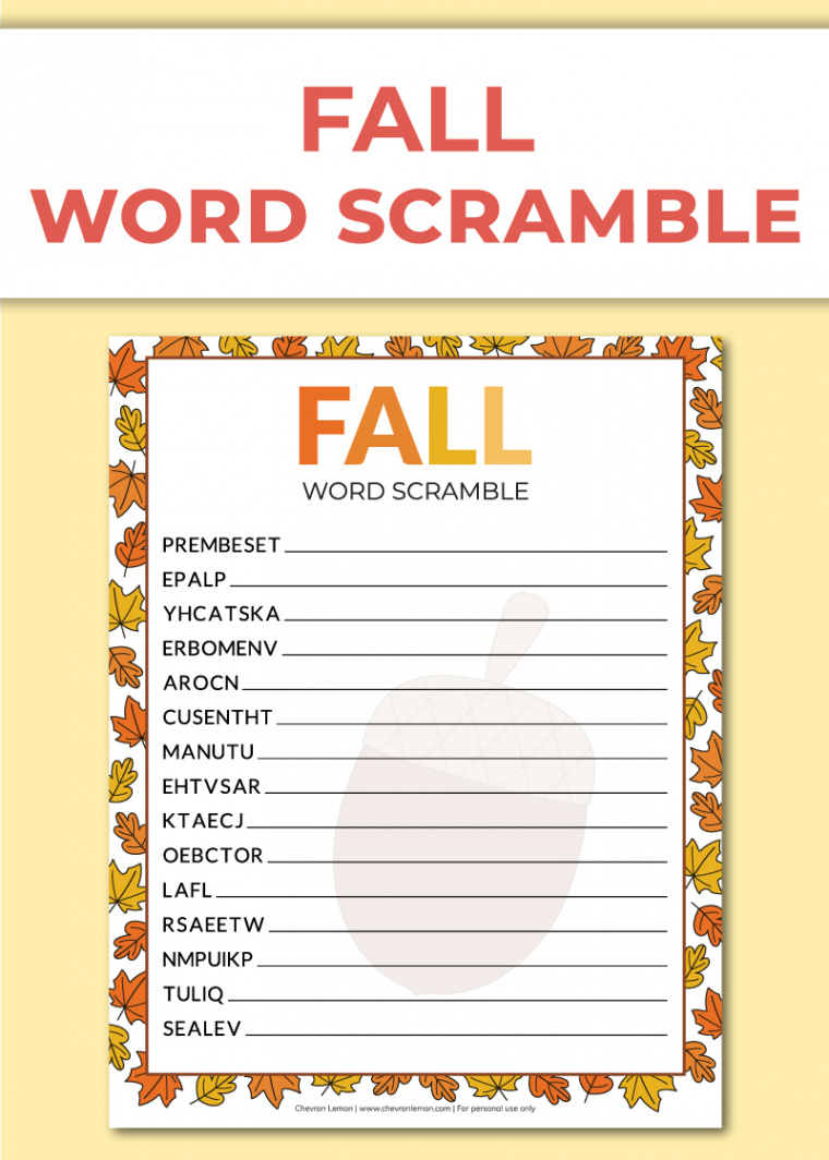 Printable fall word scramble - Chevron Lemon