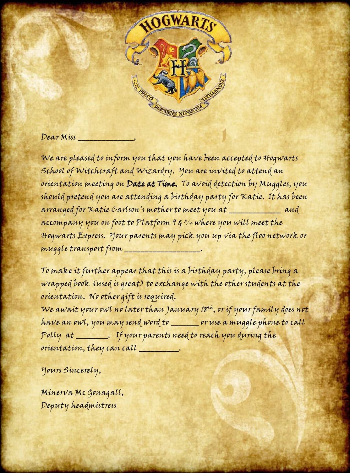 Printable Hogwarts Acceptance Letter Templates