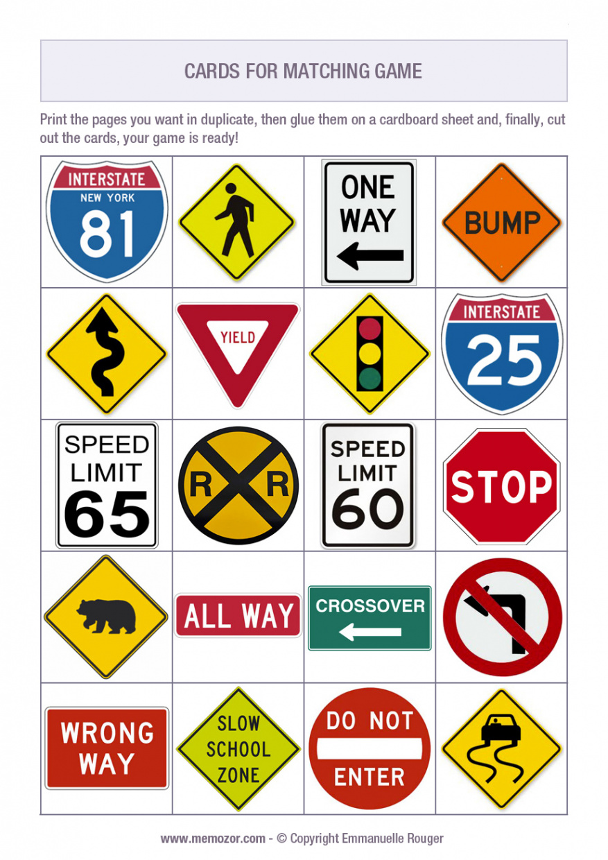 Printable matching game - Road signs - Print and cut out the cards