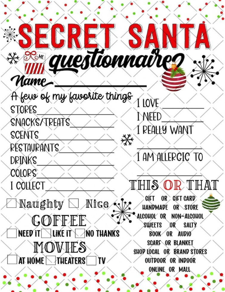 PRINTABLE Secret Santa Questionnaire Printable Shopping List