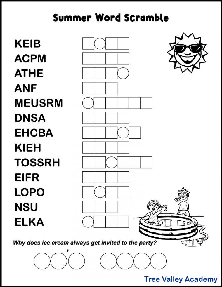 Printable Summer Word Scrambles for Kids - Tree Valley Academy