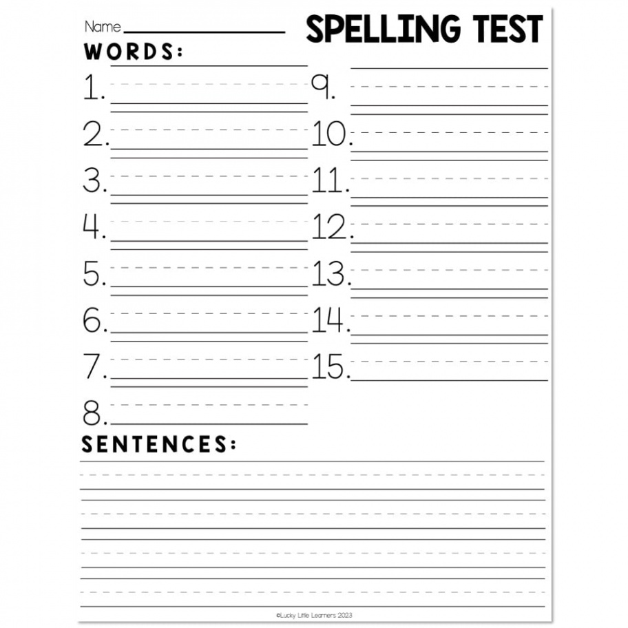 Spelling Test Template -  Words, Sentence Lines