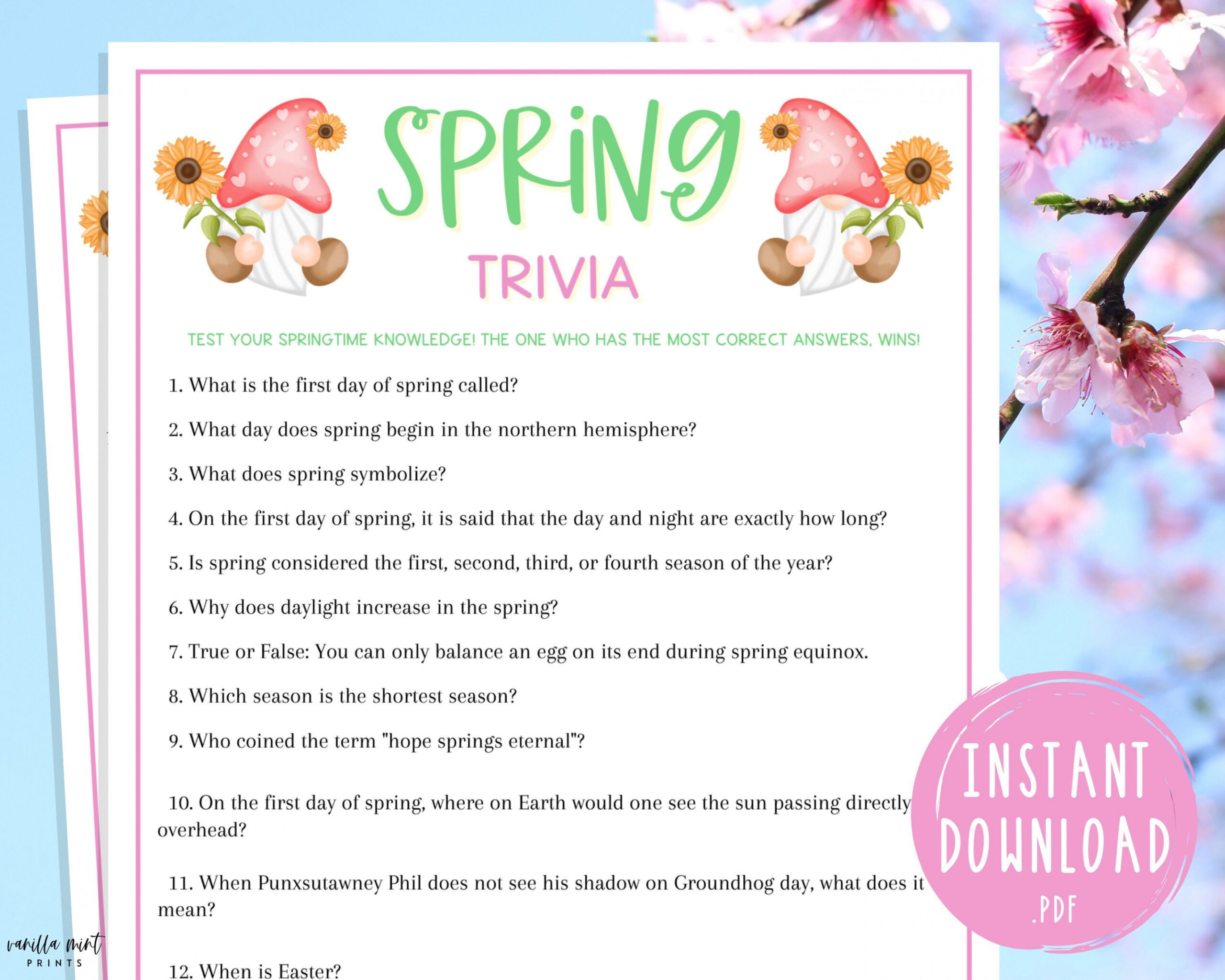 Spring Trivia Game Printable Springtime Games Party Games - Etsy