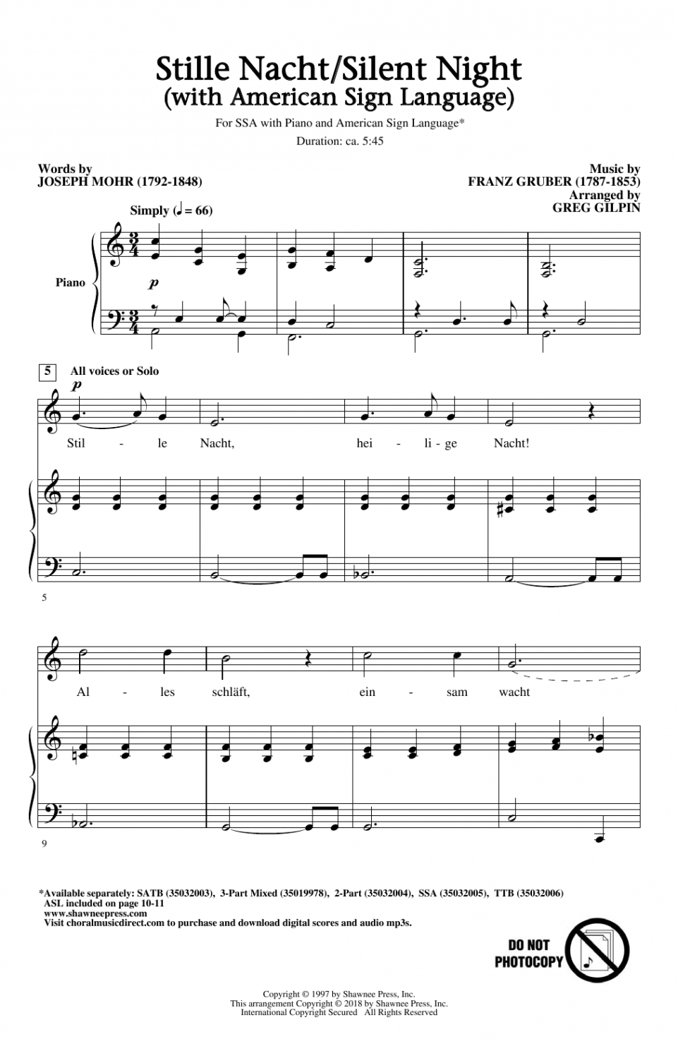 Stille Nacht/Silent Night (With American Sign Language) Sheet