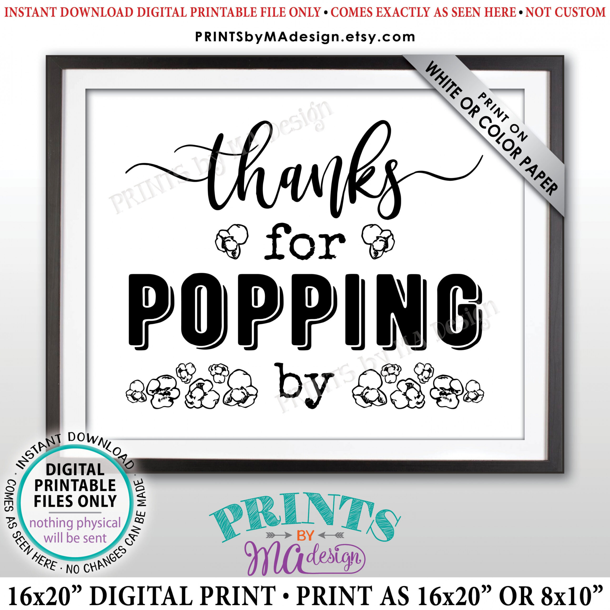 Thanks for Popping By Popcorn Sign, Popcorn Bar, PRINTABLE