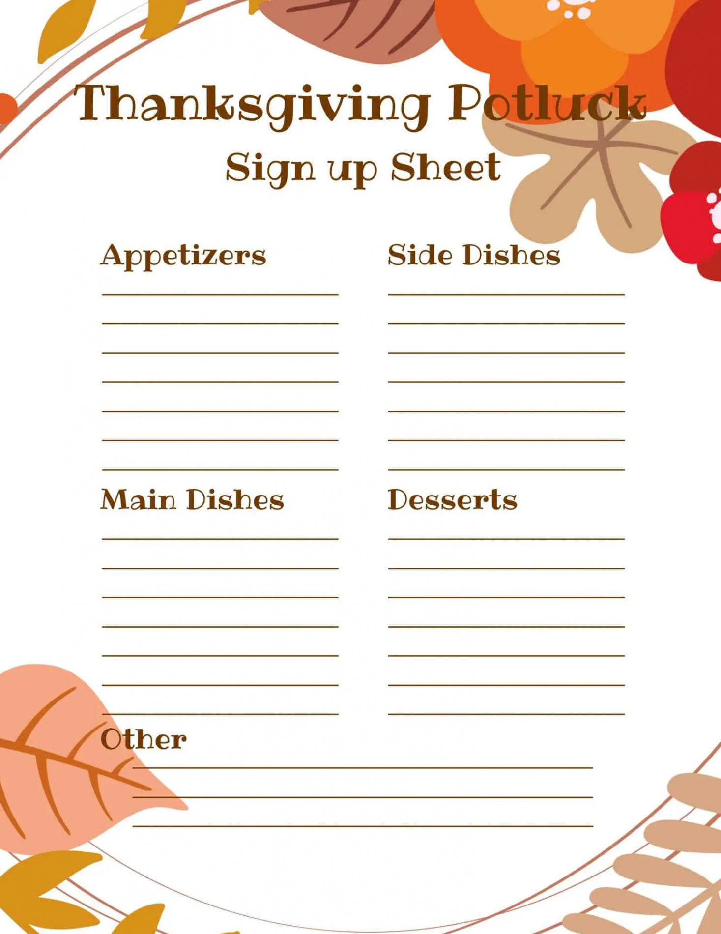 Thanksgiving Potluck Sign Up Sheet -