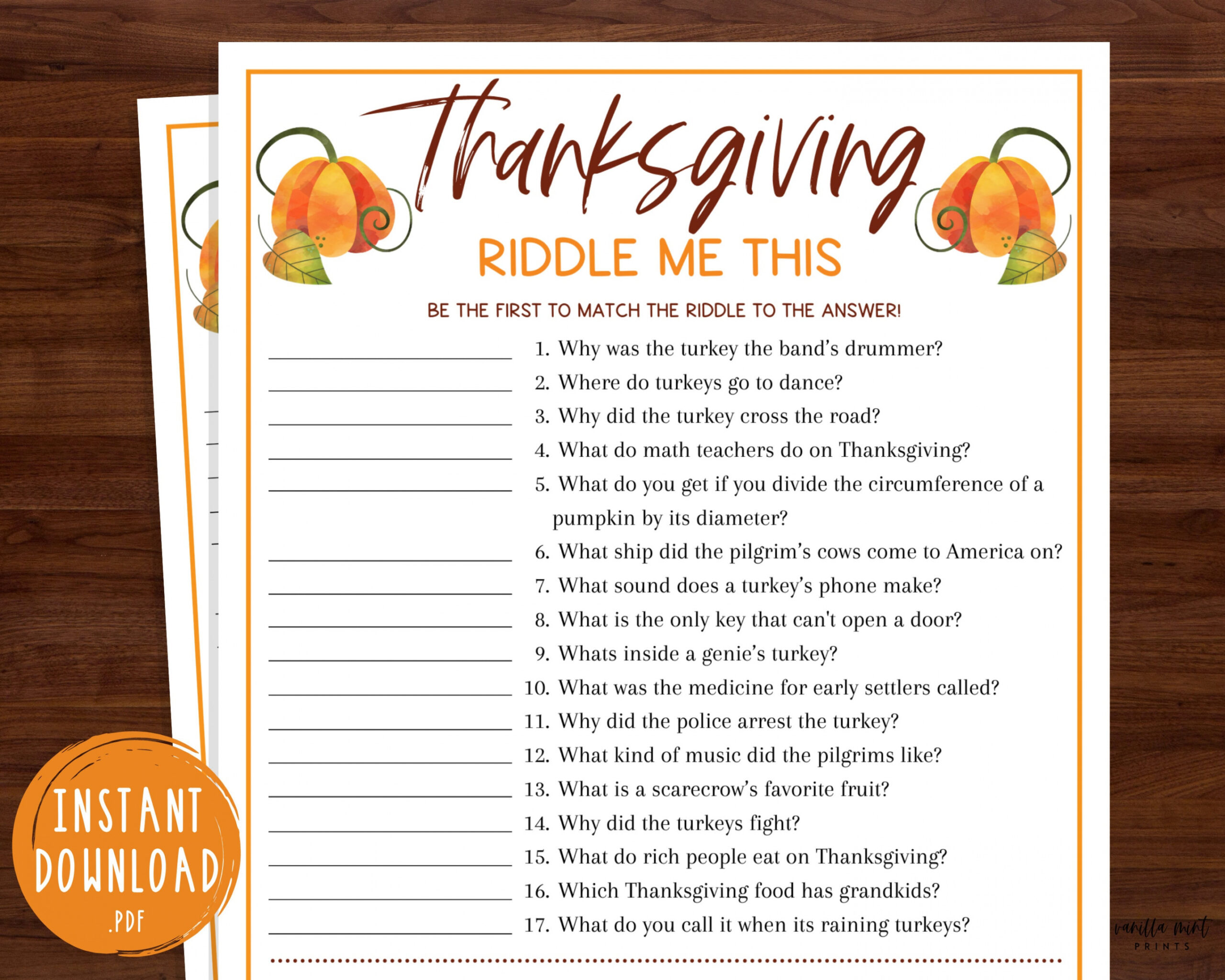 Thanksgiving Riddle Me This Trivia Game Thanksgiving - Etsy