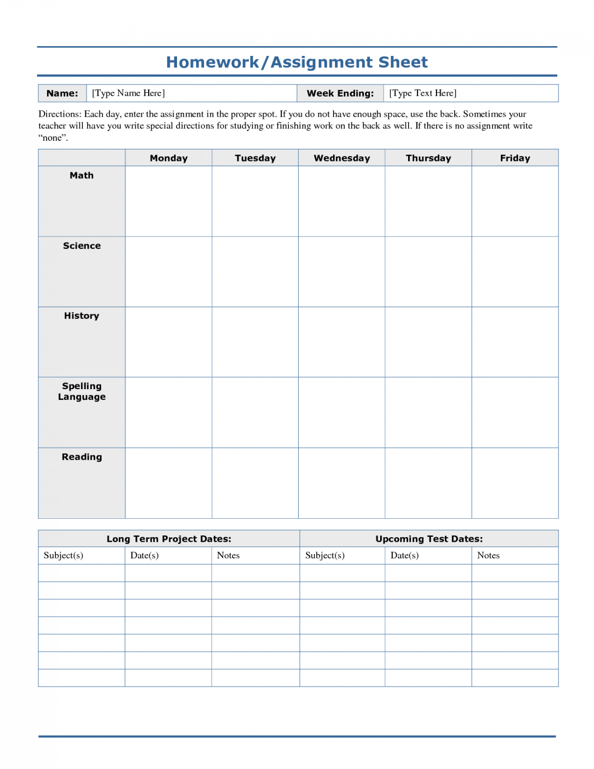 Weekly+Homework+Assignment+Sheet+Template  Homework template