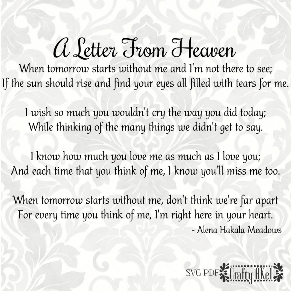 A Letter From Heaven Poem Bereavement, Mourning, Grief, Sympathy