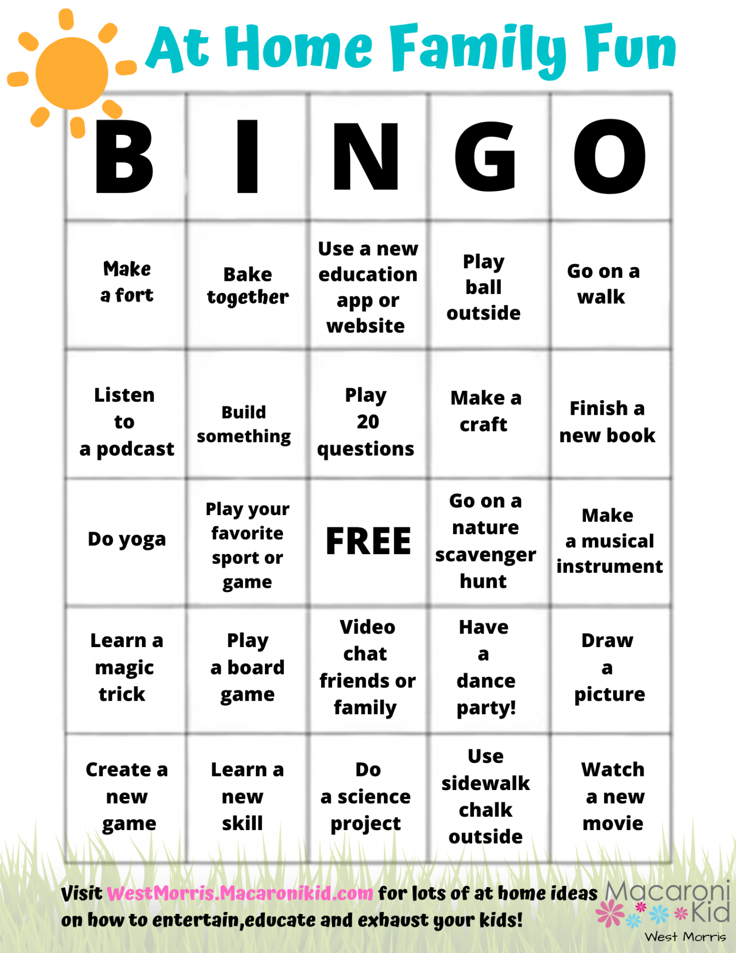 At Home Family Fun FREE BINGO Printable!  Macaroni KID West Morris